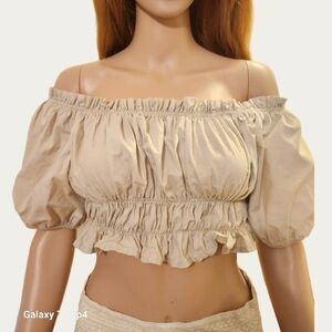 Cream Smocked Puff Sleeve Crop Top